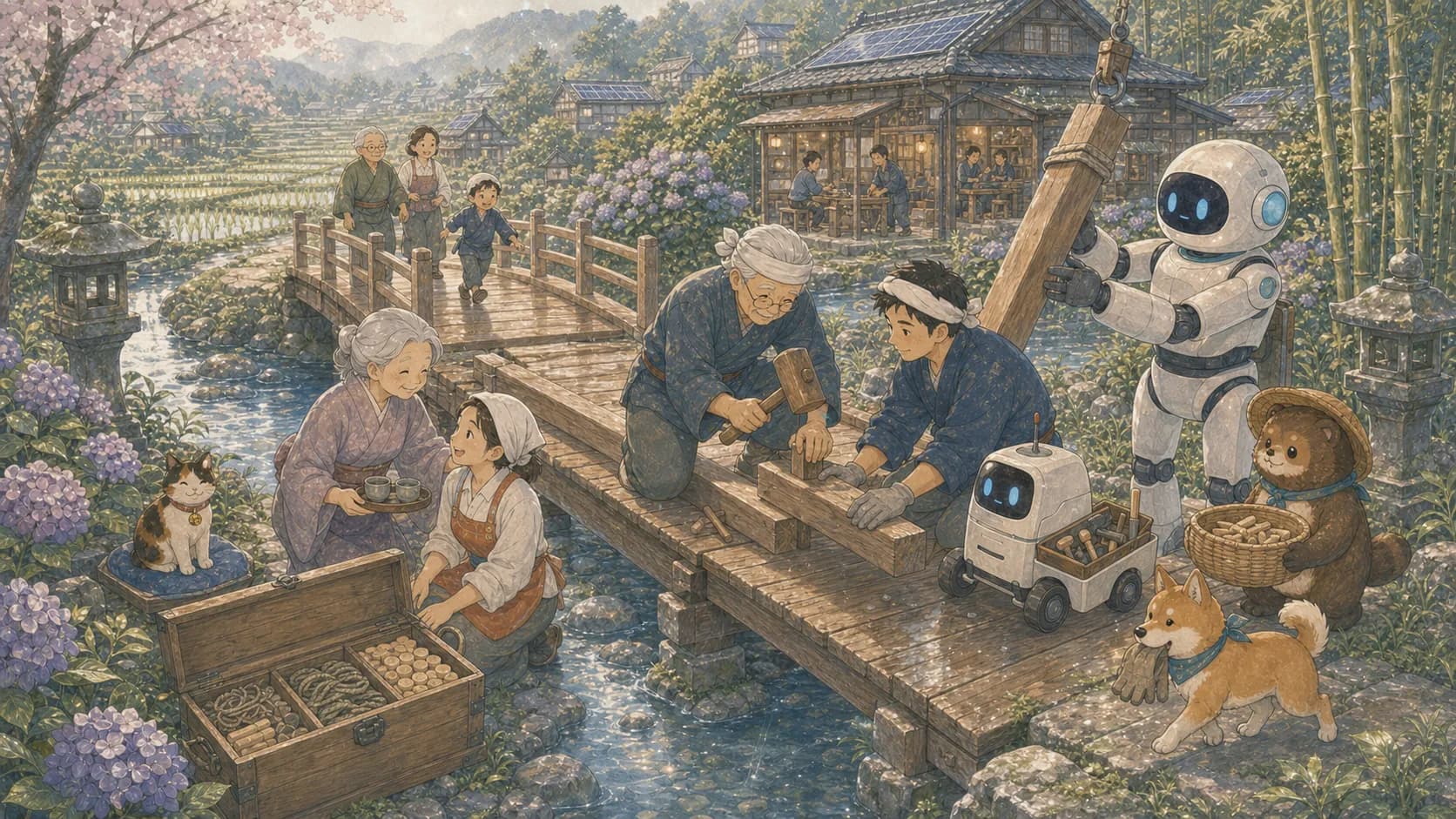 Villagers and robots building a footbridge across the stream together, tools and timber passed between them.