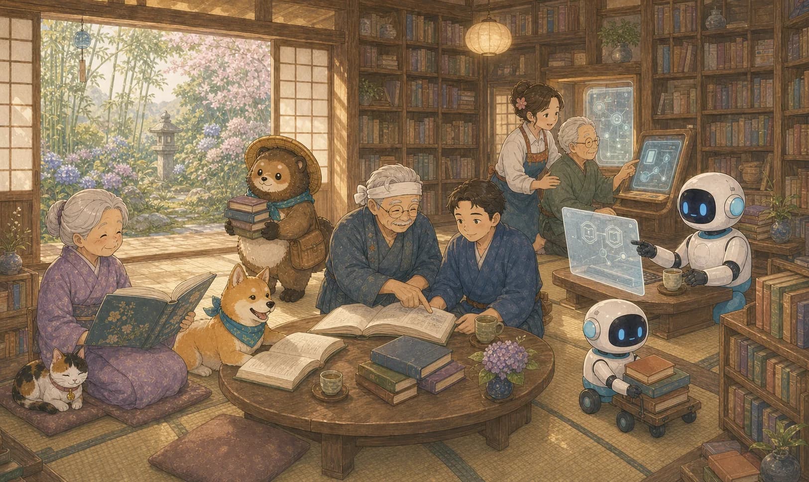 The village reading room: three generations, a shiba, a cat, a tanuki and two robots among the bookshelves, poring over books and lit-up diagrams together.