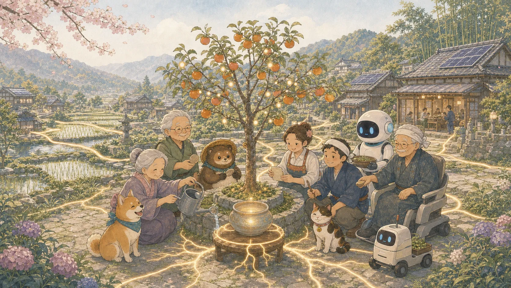 A persimmon tree in full fruit, lit paths running out from its roots to every house in the village.