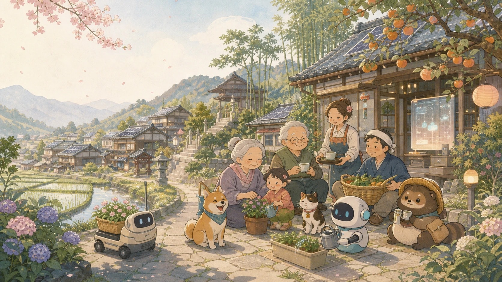 A terraced village at first light: three generations, a shiba, a tanuki and two robots tending the gardens together beside the rice paddies.